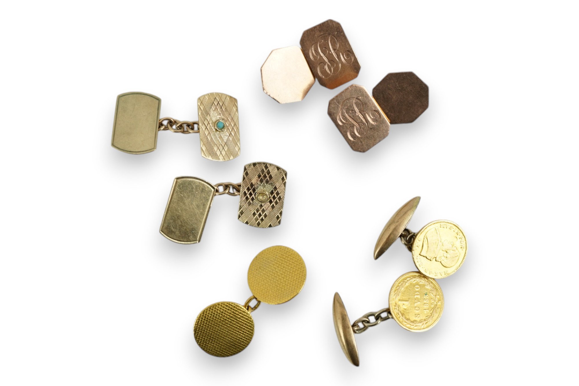 Two pairs of 9ct gold cufflinks and three single yellow metal cufflinks including coin set, gross weight 18.2 grams.